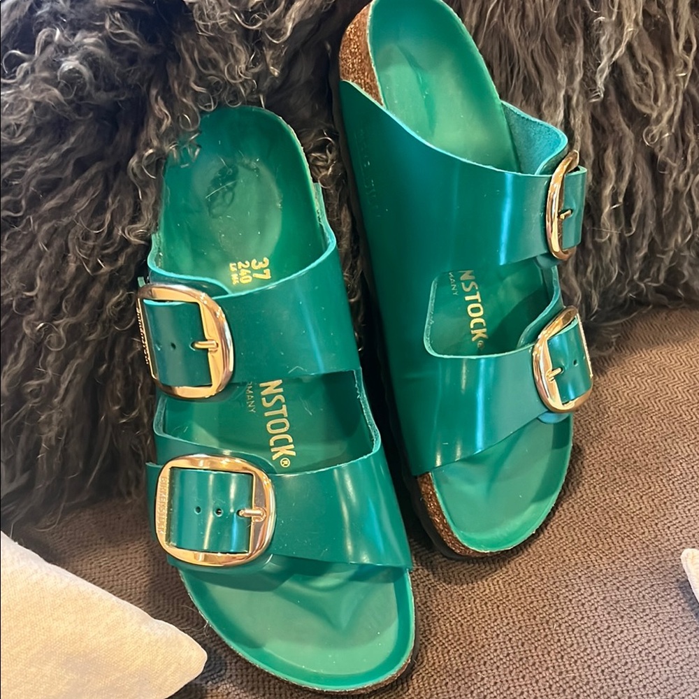 Birkenstock green Double Strap Sandals with big gold buckle